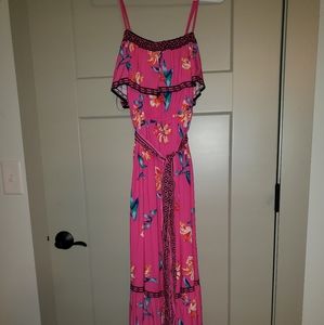 Pink, Floral, Spaghetti Strap, Floor-length Dress
